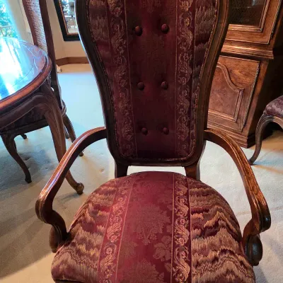 Sale Photo Thumbnail #211: Includes: 2 Leaves, 4 Side Chairs and 6 Arm Chairs
Burgundy Fabric
Table with no leaf in it: 64" long x 43" wide x 30" tall
Arm Chairs: 42" tall x 22.5" wide x 19.5" deep
Side Chairs: 42" tall x 19" wide x 18" deep
Minimal signs of wear and in very good c