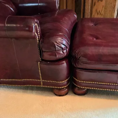 Sale Photo Thumbnail #385: Chair 31" tall x 35" deep x 30" wide
Ottoman 16" tall x 23" deep x 20.5" wide
There is a scratch under one arm; see photo
Very gently used

Pickup Details
Once your purchase is complete, you'll receive the pick-up address along with your scheduled pick-up