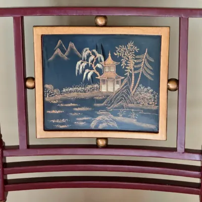 Sale Photo Thumbnail #308: Gold Stenciling
There is a slight rippling of the wood on the back of the seat and some nicks along the leg, see photos
38" tall x 18" deep x 24" wide

Pickup Details
Once your purchase is complete, you'll receive the pick-up address along with your sched