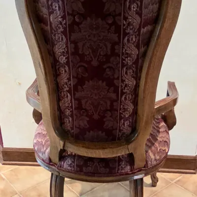 Sale Photo Thumbnail #215: Includes: 2 Leaves, 4 Side Chairs and 6 Arm Chairs
Burgundy Fabric
Table with no leaf in it: 64" long x 43" wide x 30" tall
Arm Chairs: 42" tall x 22.5" wide x 19.5" deep
Side Chairs: 42" tall x 19" wide x 18" deep
Minimal signs of wear and in very good c