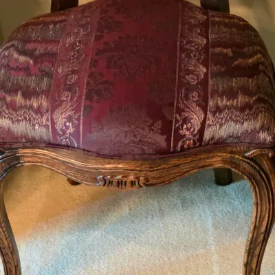 Sale Photo Thumbnail #209: Includes: 2 Leaves, 4 Side Chairs and 6 Arm Chairs
Burgundy Fabric
Table with no leaf in it: 64" long x 43" wide x 30" tall
Arm Chairs: 42" tall x 22.5" wide x 19.5" deep
Side Chairs: 42" tall x 19" wide x 18" deep
Minimal signs of wear and in very good c