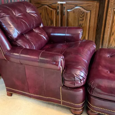 Sale Photo Thumbnail #384: Chair 31" tall x 35" deep x 30" wide
Ottoman 16" tall x 23" deep x 20.5" wide
There is a scratch under one arm; see photo
Very gently used

Pickup Details
Once your purchase is complete, you'll receive the pick-up address along with your scheduled pick-up