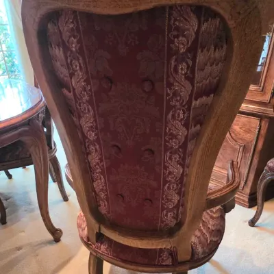 Sale Photo Thumbnail #212: Includes: 2 Leaves, 4 Side Chairs and 6 Arm Chairs
Burgundy Fabric
Table with no leaf in it: 64" long x 43" wide x 30" tall
Arm Chairs: 42" tall x 22.5" wide x 19.5" deep
Side Chairs: 42" tall x 19" wide x 18" deep
Minimal signs of wear and in very good c
