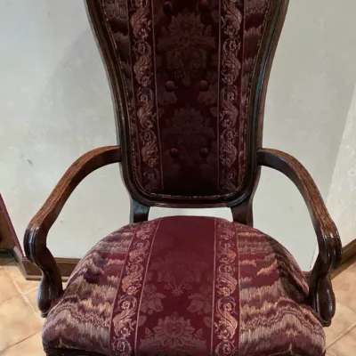 Sale Photo Thumbnail #213: Includes: 2 Leaves, 4 Side Chairs and 6 Arm Chairs
Burgundy Fabric
Table with no leaf in it: 64" long x 43" wide x 30" tall
Arm Chairs: 42" tall x 22.5" wide x 19.5" deep
Side Chairs: 42" tall x 19" wide x 18" deep
Minimal signs of wear and in very good c