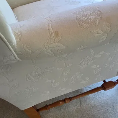 Sale Photo Thumbnail #166: Off White
Floral Print Fabric
Wood Legs
41" tall x 29" deep 34" wide
Wood has a few scratches and there is a soil mark on arm a few fabric pills

Pickup Details
Once your purchase is complete, you'll receive the pick-up address along with your scheduled p