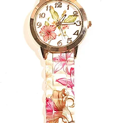 Sale Photo Thumbnail #20: PINK & GREEN FLOWER WATCH with  Luminescent Watch Hands-BAND: (9½" Rubber) DIAL: (Round, ROSE GOLD  1½" Diam.) BRAND: (Geneva) BATTERY: Button 20 mm  *EXTRA BATTERY INCL.*
ALL ITEMS SHIPPED FREE