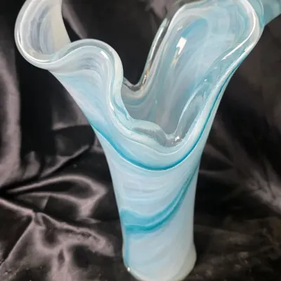 Tammaro Home Murano Glass Two Petals Art Vase Blue White Swirl Italian
