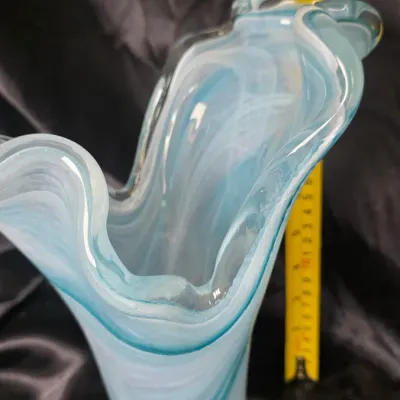 Tammaro Home Murano Glass Two Petals Art Vase Blue White Swirl Italian