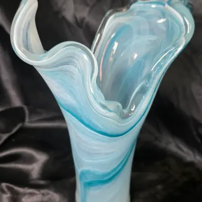 Tammaro Home Murano Glass Two Petals Art Vase Blue White Swirl Italian