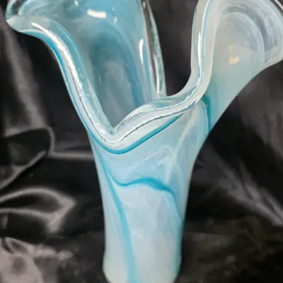 Tammaro Home Murano Glass Two Petals Art Vase Blue White Swirl Italian