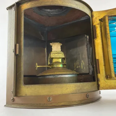 951 Vintage PERKO Brass Maritime Navigation Lantern with Blue Fresnel Lens