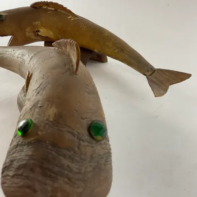 997 Pair of Vintage Hand-Carved Folk Art Horn Fish Carvings