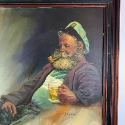 953 Original Jim Daily Oil on Canvas of Bearded Sailor with Beer Mug