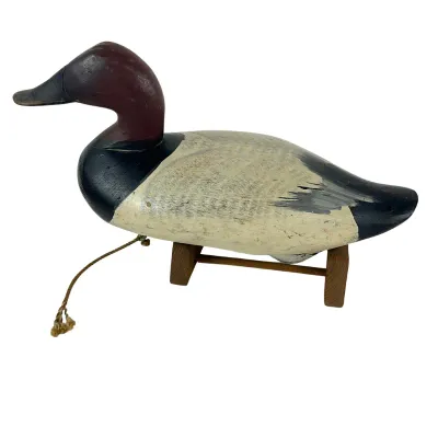 922 Vintage Wooden Duck Decoy with Lead Weight & Line Tie - Canvasback Style on Stand