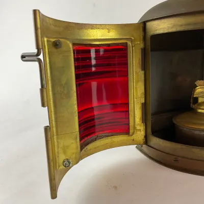 950 Vintage PERKO Brass Maritime Navigation Lantern with Red Fresnel Lens