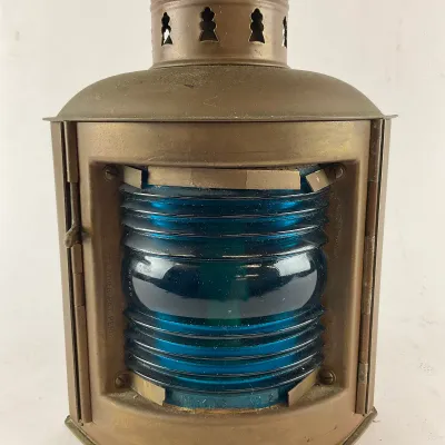 951 Vintage PERKO Brass Maritime Navigation Lantern with Blue Fresnel Lens