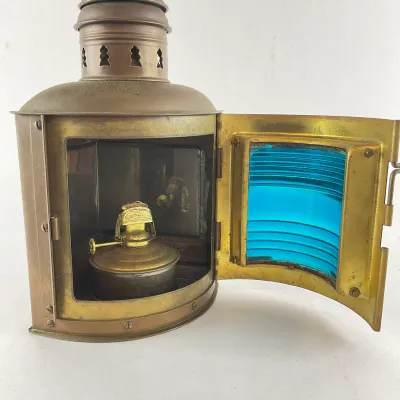 951 Vintage PERKO Brass Maritime Navigation Lantern with Blue Fresnel Lens