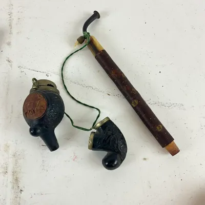 919 Vintage Carved Smoking Pipe (9.5") with Deer Medallion + Ornate Metal Llama Ashtray