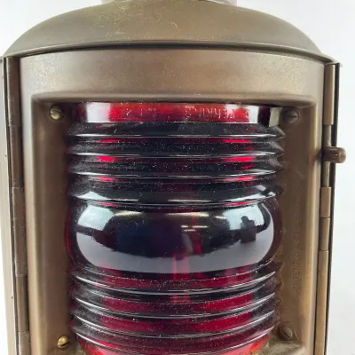 950 Vintage PERKO Brass Maritime Navigation Lantern with Red Fresnel Lens