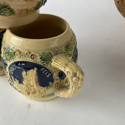 939 Vintage Gerz German Stoneware Rhine Castle Wine Cooler & 6 Mug Set