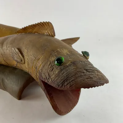997 Pair of Vintage Hand-Carved Folk Art Horn Fish Carvings