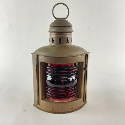 950 Vintage PERKO Brass Maritime Navigation Lantern with Red Fresnel Lens