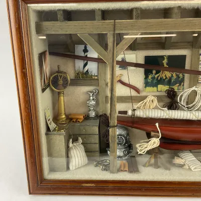 984 Handcrafted America's Cup Style Nautical Boathouse Shadow Box Diorama