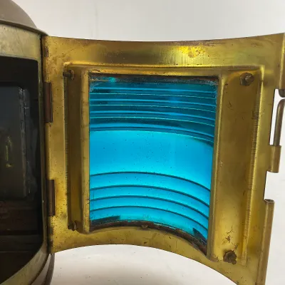 951 Vintage PERKO Brass Maritime Navigation Lantern with Blue Fresnel Lens