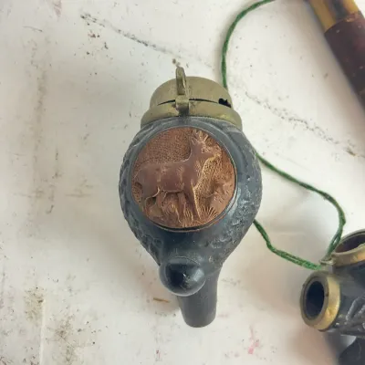 919 Vintage Carved Smoking Pipe (9.5") with Deer Medallion + Ornate Metal Llama Ashtray