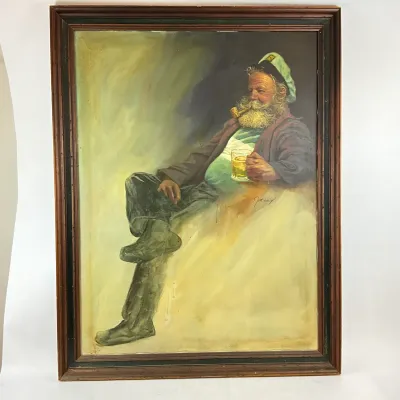 953 Original Jim Daily Oil on Canvas of Bearded Sailor with Beer Mug