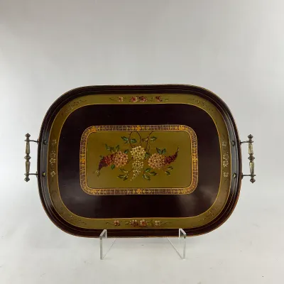 1004 Vintage Hand-Painted Toleware Serving Tray with Brass Handles