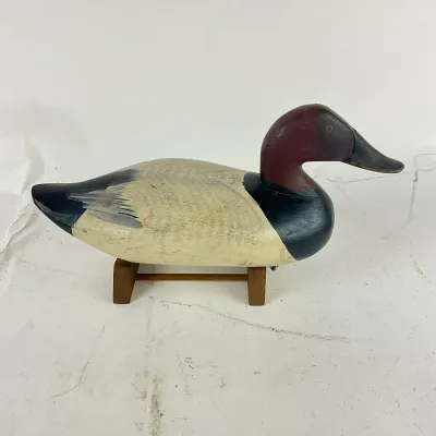 922 Vintage Wooden Duck Decoy with Lead Weight & Line Tie - Canvasback Style on Stand