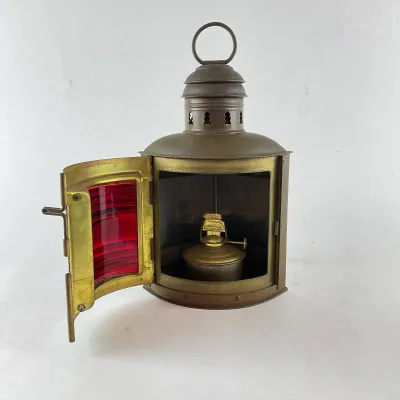 950 Vintage PERKO Brass Maritime Navigation Lantern with Red Fresnel Lens