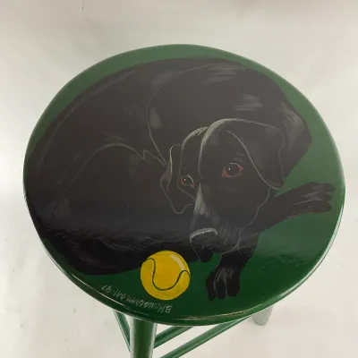 1005 Signed Hand-Painted Black Labrador Bar Stool by B. Hauserman, 1997