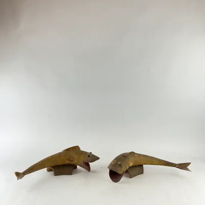 997 Pair of Vintage Hand-Carved Folk Art Horn Fish Carvings