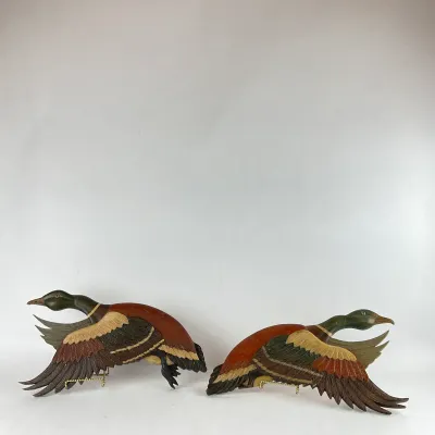 932 Pair of Hand-Carved & Painted Flying Mallard Wall Sculptures – Valle de Ángeles, Honduras