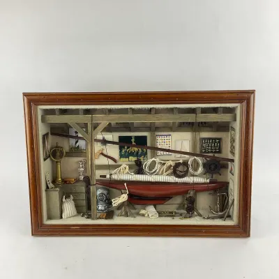 984 Handcrafted America's Cup Style Nautical Boathouse Shadow Box Diorama