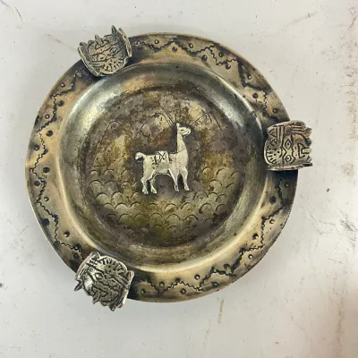 919 Vintage Carved Smoking Pipe (9.5") with Deer Medallion + Ornate Metal Llama Ashtray