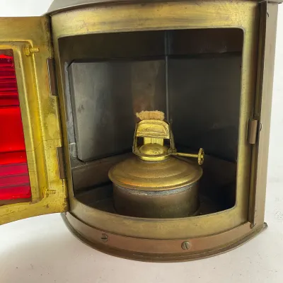 950 Vintage PERKO Brass Maritime Navigation Lantern with Red Fresnel Lens