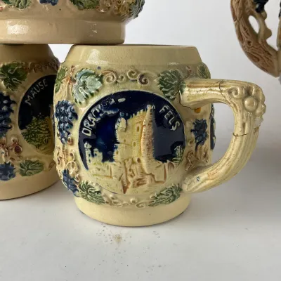 939 Vintage Gerz German Stoneware Rhine Castle Wine Cooler & 6 Mug Set