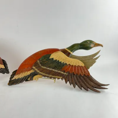 932 Pair of Hand-Carved & Painted Flying Mallard Wall Sculptures – Valle de Ángeles, Honduras