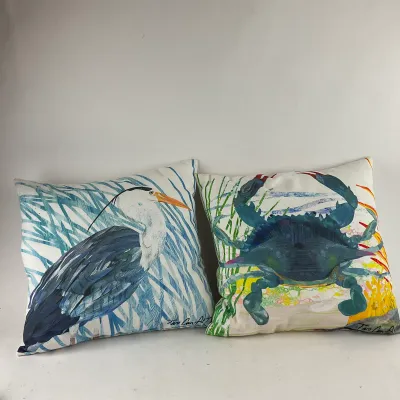 988 Pair of Tara Cunard Coastal Throw Pillows – Heron & Blue Crab