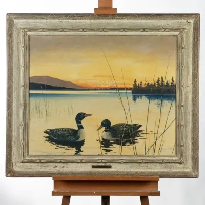 994 Original Carl Ivar Gilbert (1882–1959) Oil on Canvas "Lonesly Loons" (May 1947)