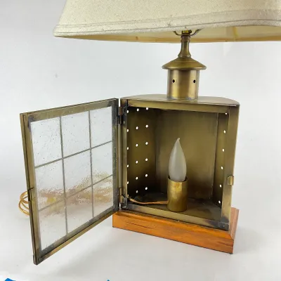 928 Vintage Brass Nautical Ship Lantern Table Lamp on Wood Base