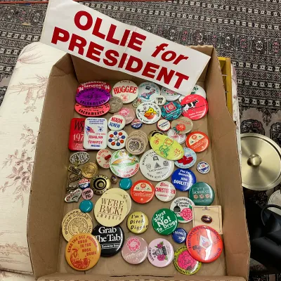 924 Large Vintage Political, Advertising & Commemorative Button & Pinback Collection w/ "Ollie for President" Sign