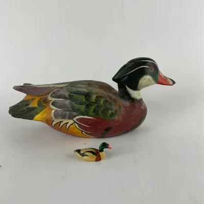 930 Hand-Carved & Painted Wood Duck Decoy with ANRI "Field Duck" Miniature