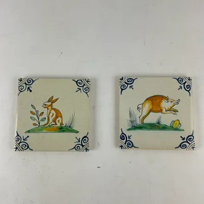 962 Pair of Rörstrand Hand-Painted Scandinavian Art Pottery Tiles