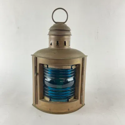 951 Vintage PERKO Brass Maritime Navigation Lantern with Blue Fresnel Lens