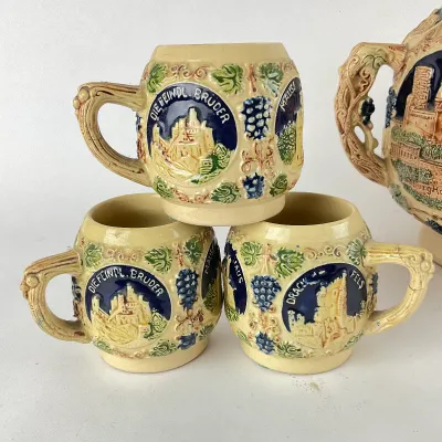 939 Vintage Gerz German Stoneware Rhine Castle Wine Cooler & 6 Mug Set