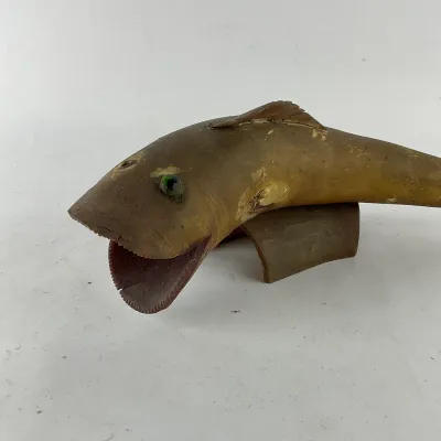 997 Pair of Vintage Hand-Carved Folk Art Horn Fish Carvings